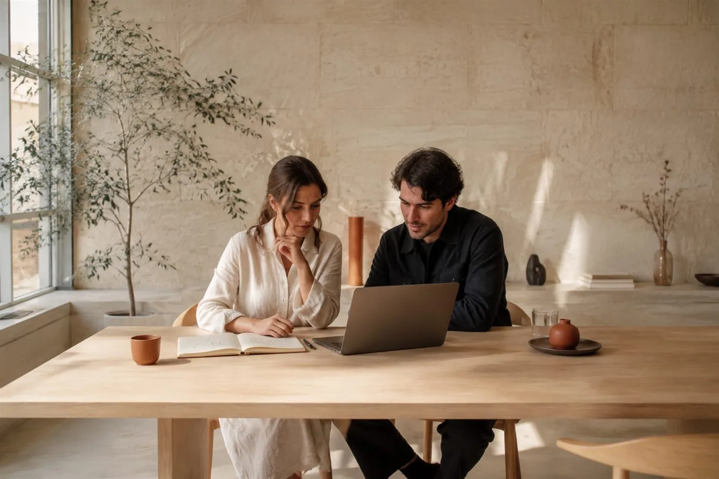 Two professionals reviewing a workflow at a sunlit table