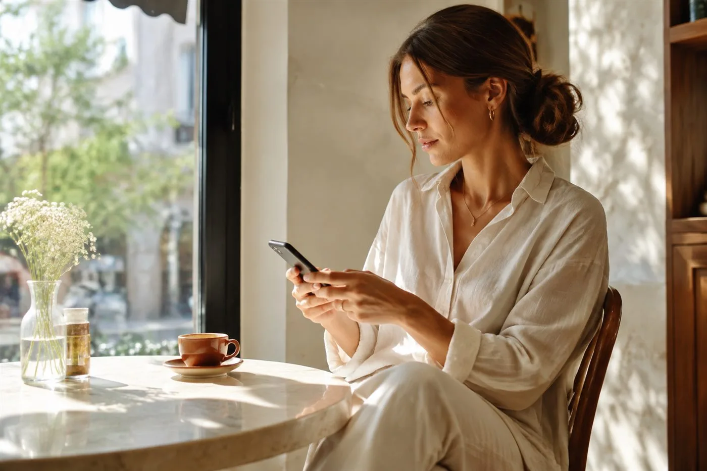 A customer using her phone at a cafe