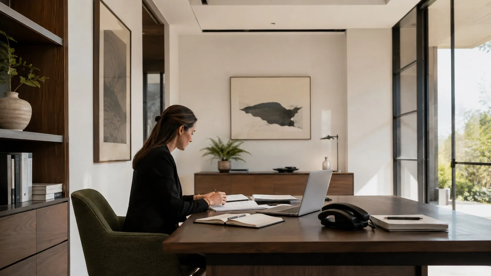 Illustrative office scene with a manager, laptop, telephone and documents