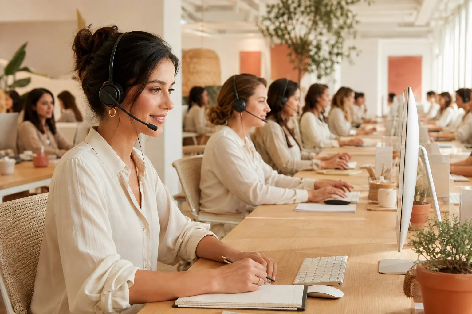 A busy professional call center with women wearing headsets and answering calls at rows of computers