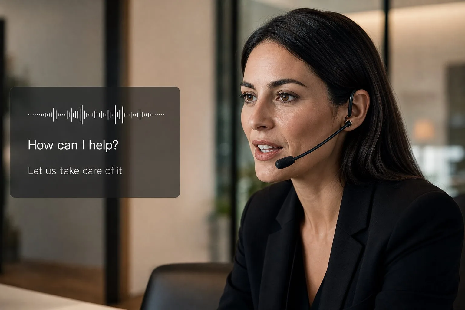 Illustrative AI conversation with a woman wearing a headset, a voice waveform and a sample transcript