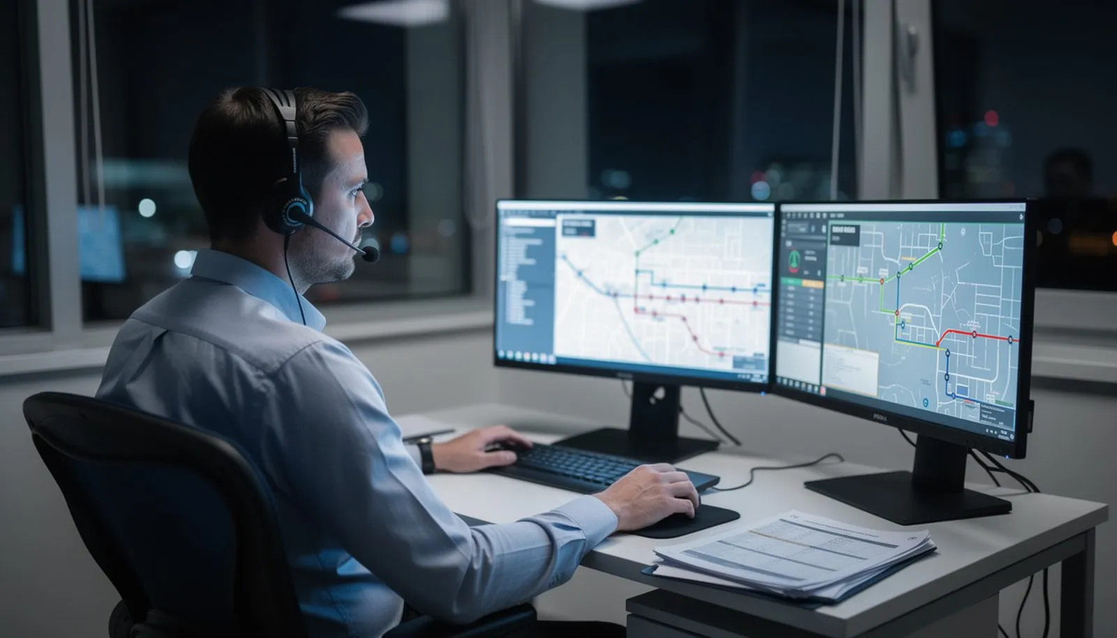 Dispatcher working with route maps at an office desk