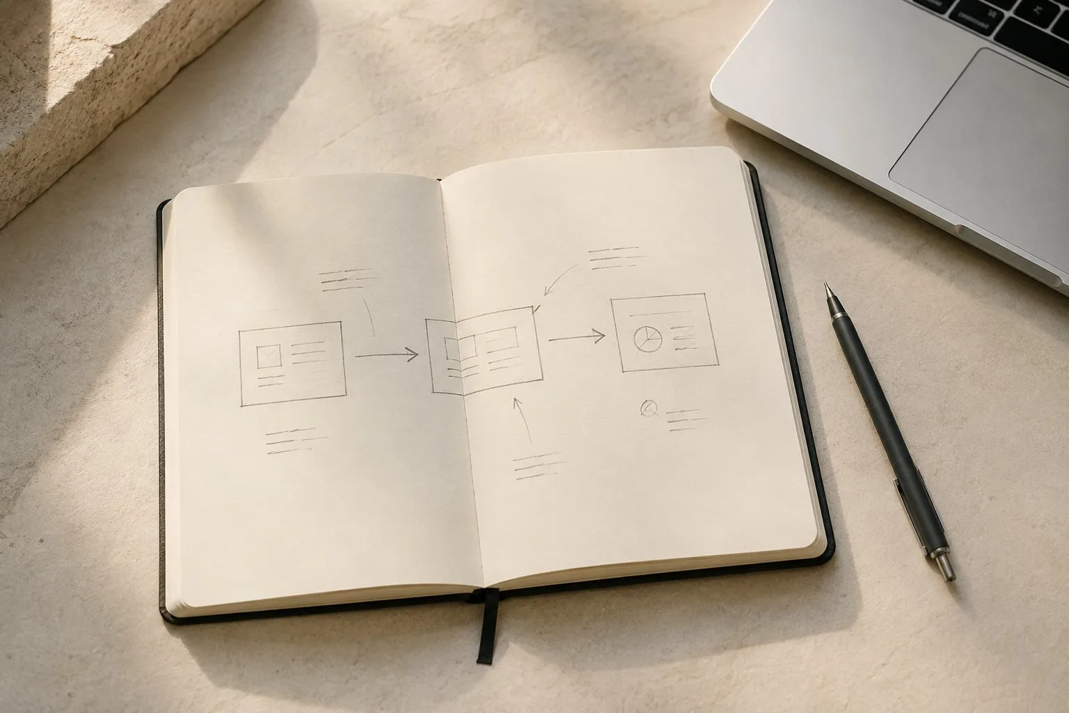 Open notebook with a workflow sketch, a pen and a laptop on a sunlit stone desk