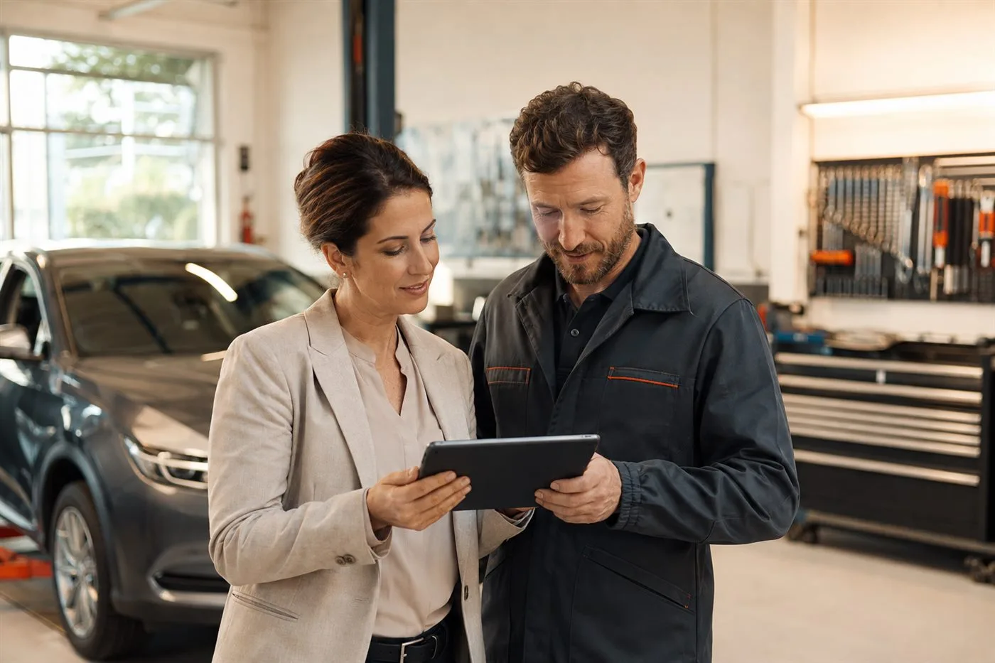 A workshop manager and technician reviewing a job on a tablet