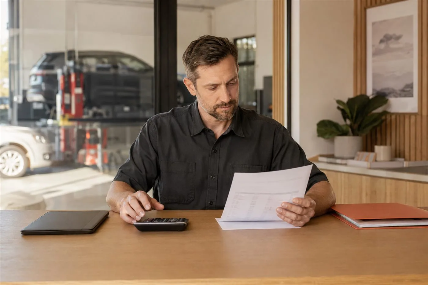 An auto workshop owner reviewing a quote