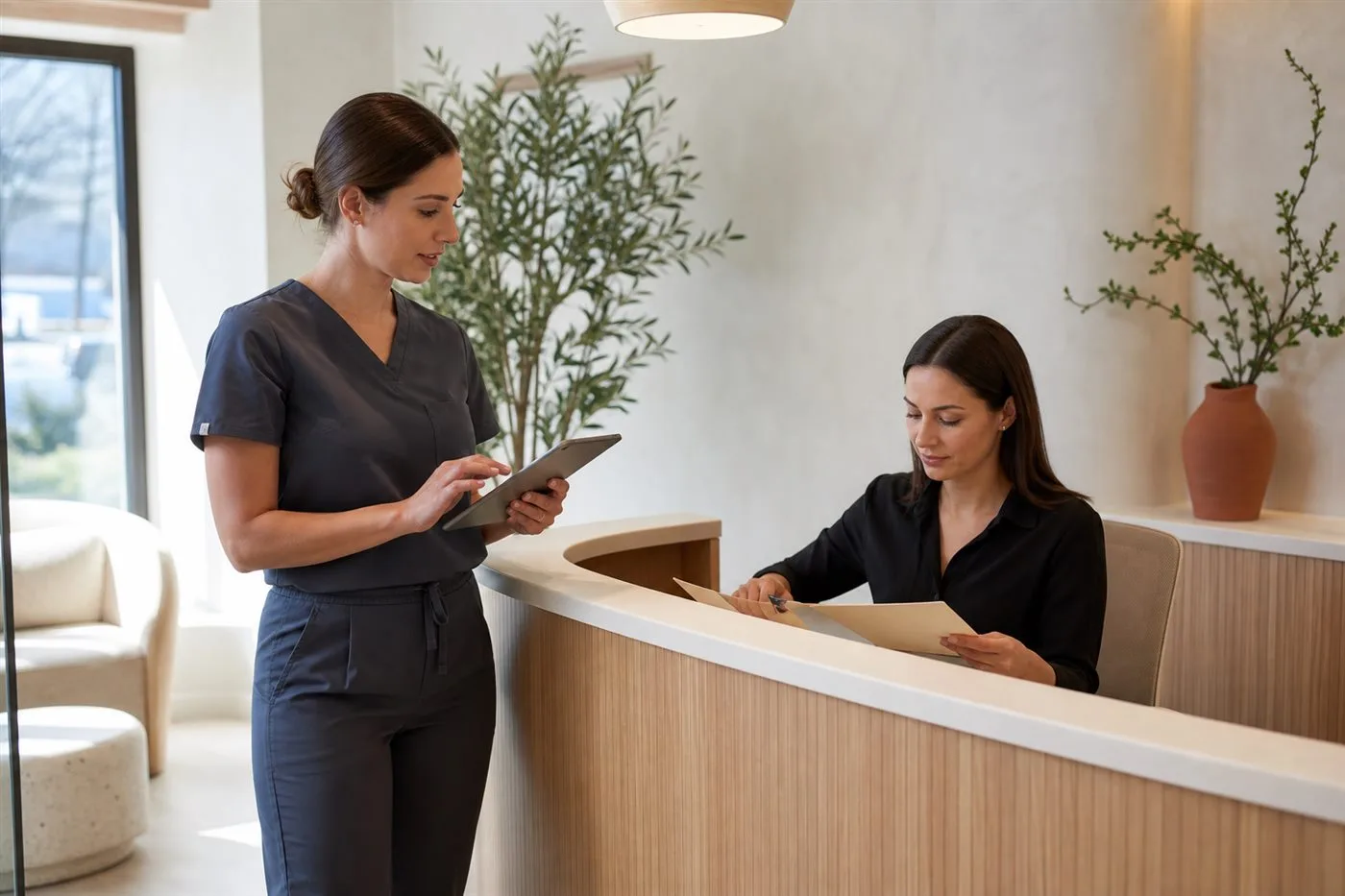 A dental professional and receptionist reviewing appointment information
